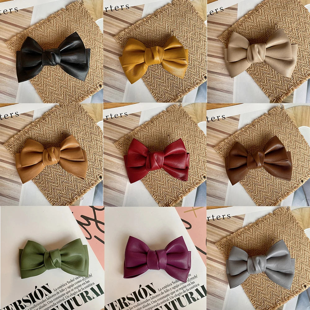Accessories Hair Ornament Solid Color PU Leather Girls Duckbill Clips Headwear Bow Hairpin Spring Clips Hair Clips