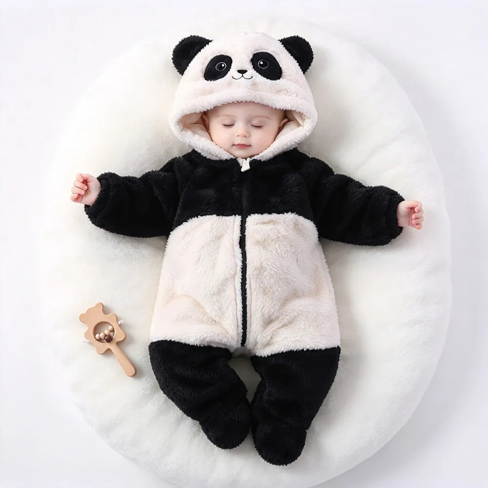 Baby Animal Onesie 0-12M Panda Bunny Bear Hooded Plush Romper Soft Warm Coral Fleece Jumpsuit Newborn Bodysuit Winter Costume