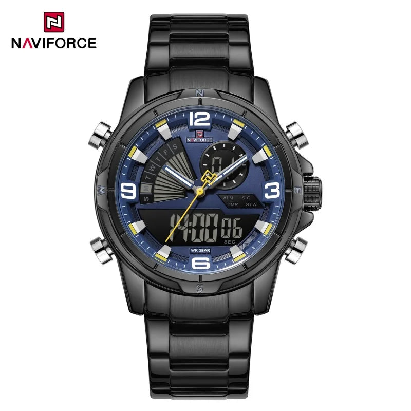 NAVIFORCE Men's Watch 3ATM Waterproof Multifunctional Dual Display with Date Stainless Steel Strap Luxury Business Wristatch