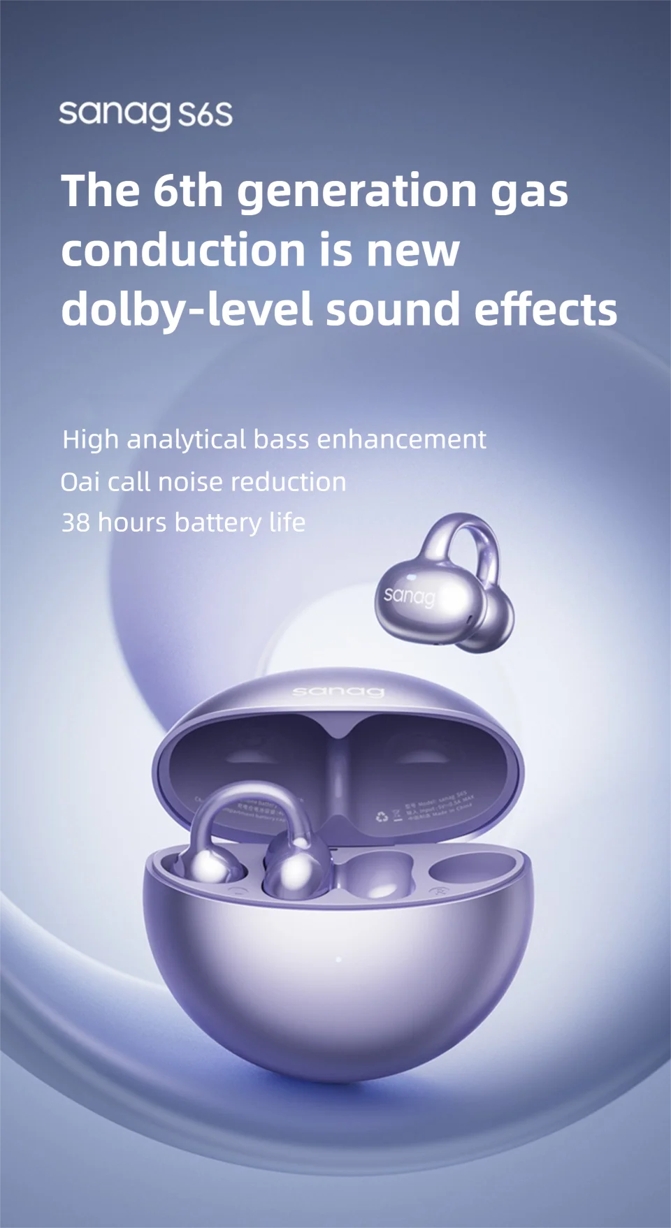 Sanag S6S AI Earphone Open Ear Earphone FreeClip 3D Stereo Sound Bluetooth 5.3 OWS Sport Headphones IPX4 Waterproof