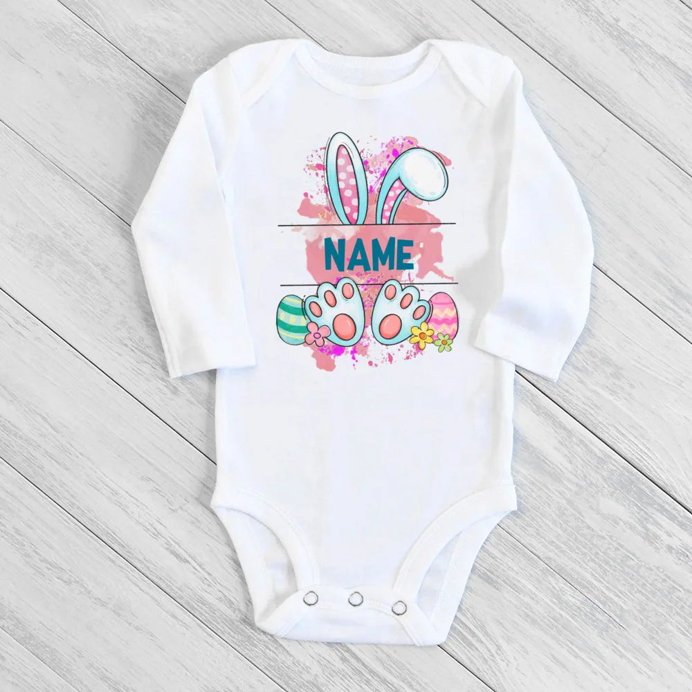 Personalized Easter Baby Romper Bunny with Name Infant Outfit Bodysuit Boys Girls Holiday Party Jumpsuit Bunny Newborn Rompers