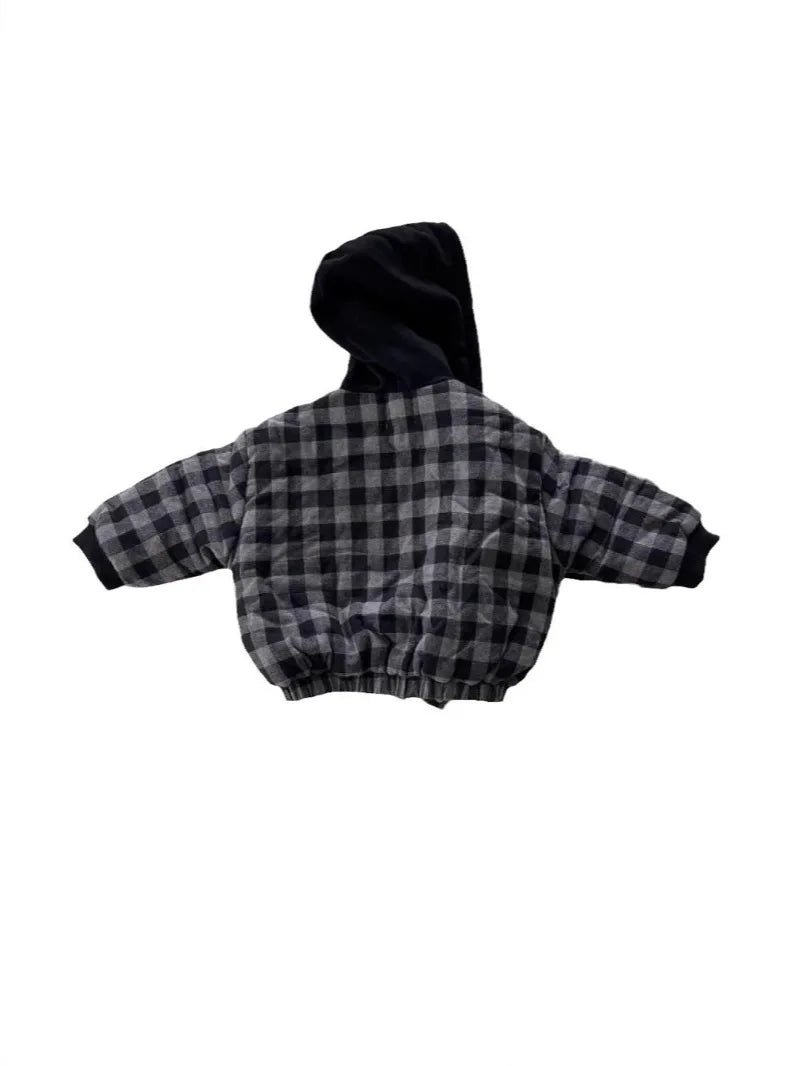 2025 Winter New Baby Warm Plaid Coat Kids Boys Girls Hooded Cotton Padded Jacket Kids Vintage Windproof Tops Children Clothes