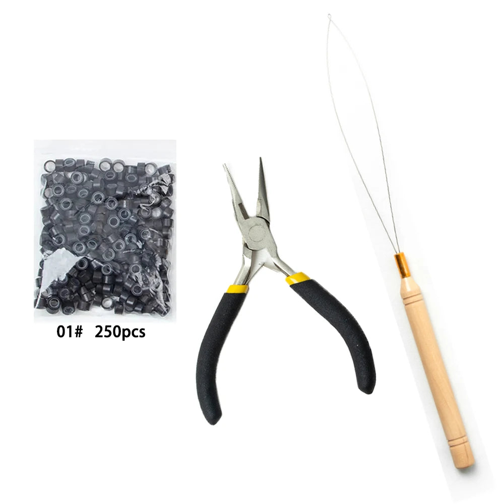 Wig installation kit includes hair extensions pliers, Beading tool and 250pcs silicone rings for hair extension accessories