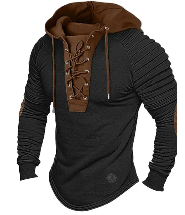 Men’s Lace-Up Hoodie Long Sleeve Pullover Slim Fit Sweatshirt Ribbed Arm Patchwork Design Off White Streetwear Tops