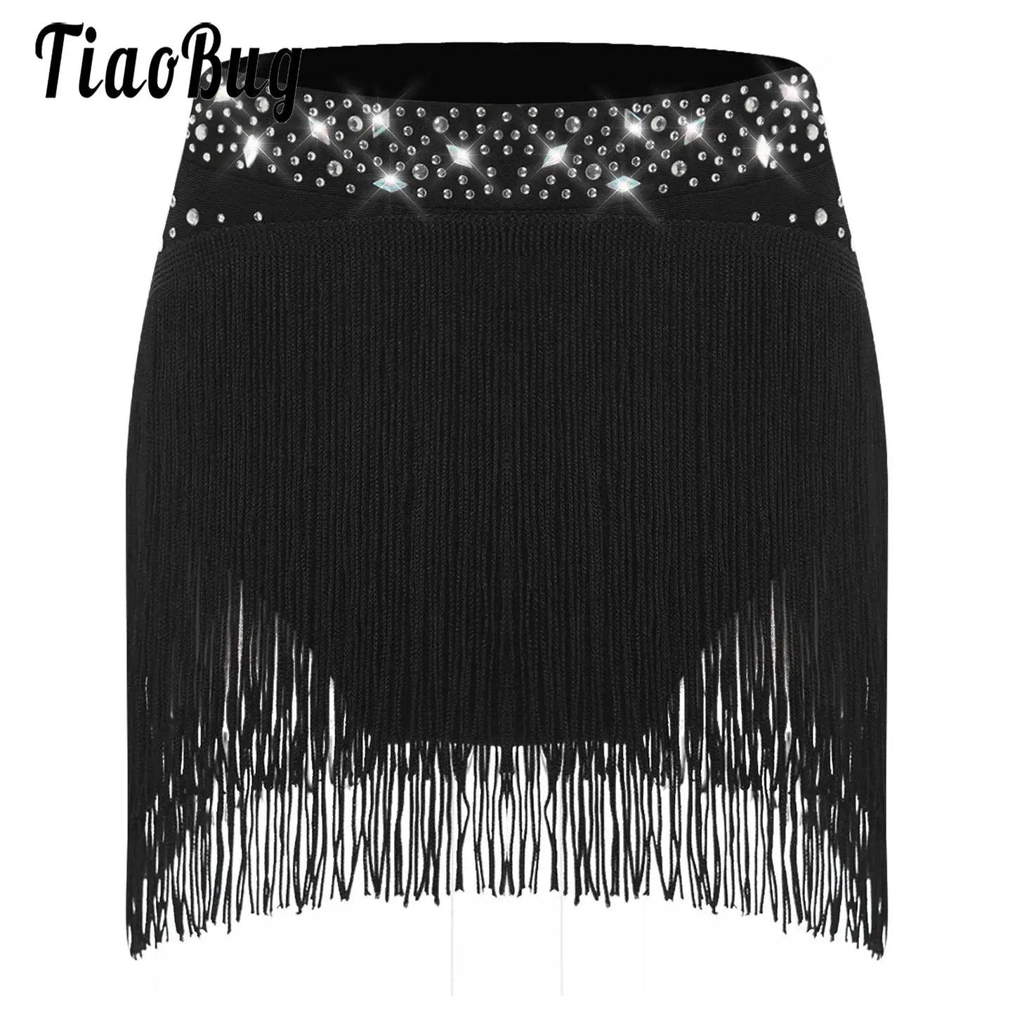 Girls Sparkly Sequins Latin Jazz Tango Dance Skirts Elastic Waistband Fringe Skirt with Safety Shorts Dance Performance Costumes