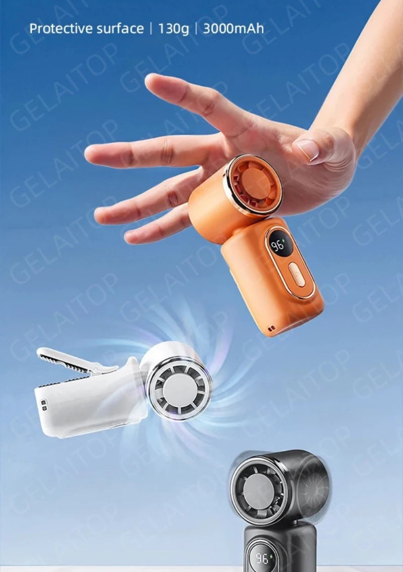 New Mini Fan Handheld Small Portable Fan Cooling Turbo 5 Speeds 3000mAh LED Display 180° Rotatable Clip Type-C Rechargeable Fans