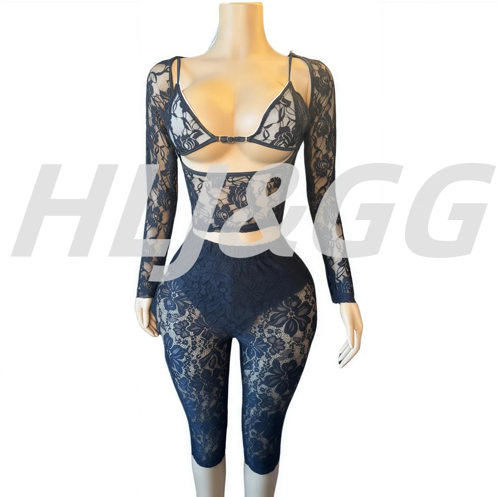 HLJ Y2K Sexy Lace Two Piece Set for Woman Letter Printing See Through Long Sleeve Crop Top + Shorts Suits Female Streetwear New