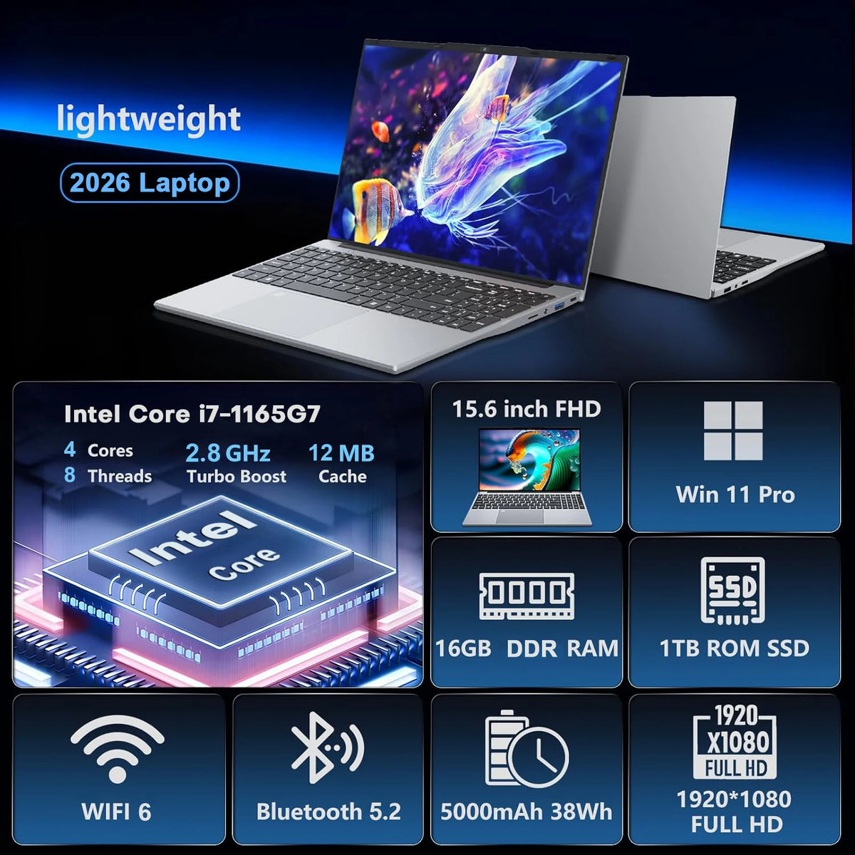 2026 Laptop Computer Intel Core i7 1165G7 Windows 11 Pro Notebook PC 16GB RAM 512GB 1TB 2TB SSD 1080P Office Study Computer PC
