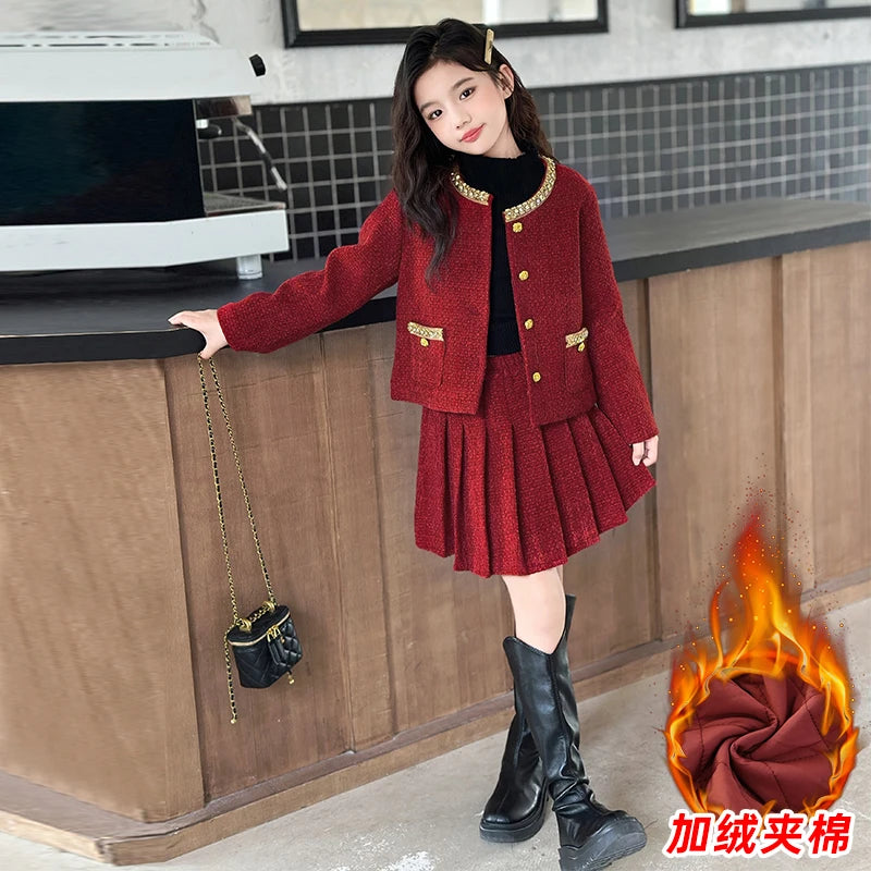 design winter teen girl clothes set beaded round neck jacket+Pleated skirt 2pcs Christma junior children outfit kids suit 4-14