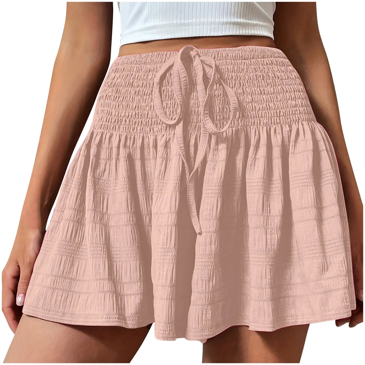 Women Casual High Waist Shorts Skirt Smocked Elastic Drawstring A-Line Flowy Short Skirt Pants Summer Solid Color Beach Skorts