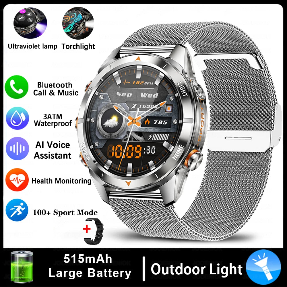 Military Smart Watch Men 10ATM Waterproof 1.46" AMOLED Screen LED Flashlight 515mAh Battery Heart Rate Sport BT Call Smartwatch