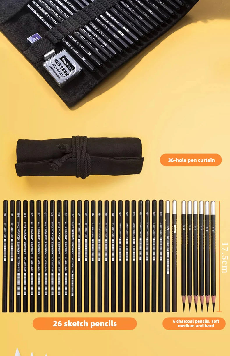 Sketching Pen Set Drawing Kit Student Portable Pen Curtain Charcoal Pencil Sketch Pencil Charcoal Stick Sharpener Eraser Set Box