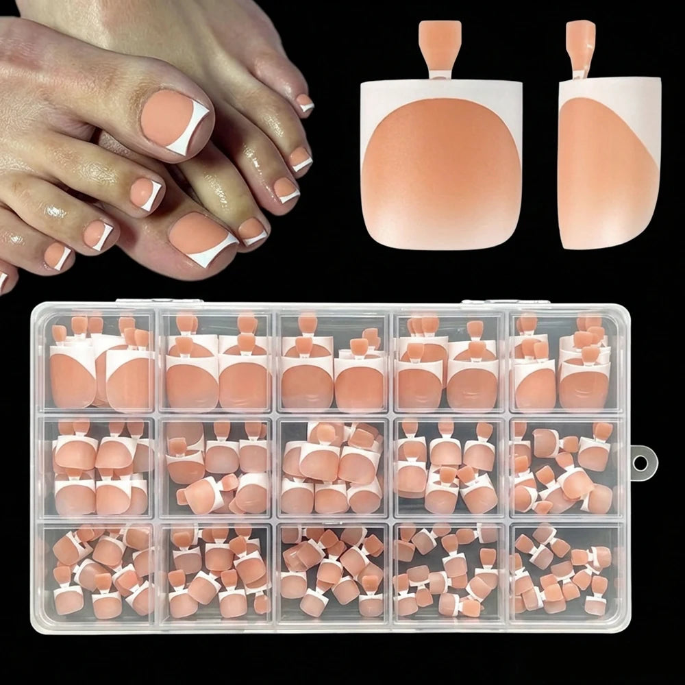 150pcs Light Pink Short Square Press On Toenails Matte White French Tip False Toenails Full Cover Toenail Extension Tips 15size%