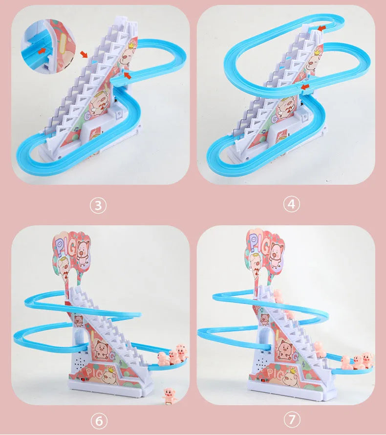 Electric Duck Track Rail Racing Slide Piggy Climbing Stairs Baby Toy LED Lights Musical Slide Roller Coaster Toys for Gift