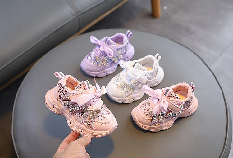 Children Shoes 2026 New Spring Toddler Girls Sport Shoes Bling Bling Soft Sole Breathable Outdoor Tennis Fashion Kids Sneakers