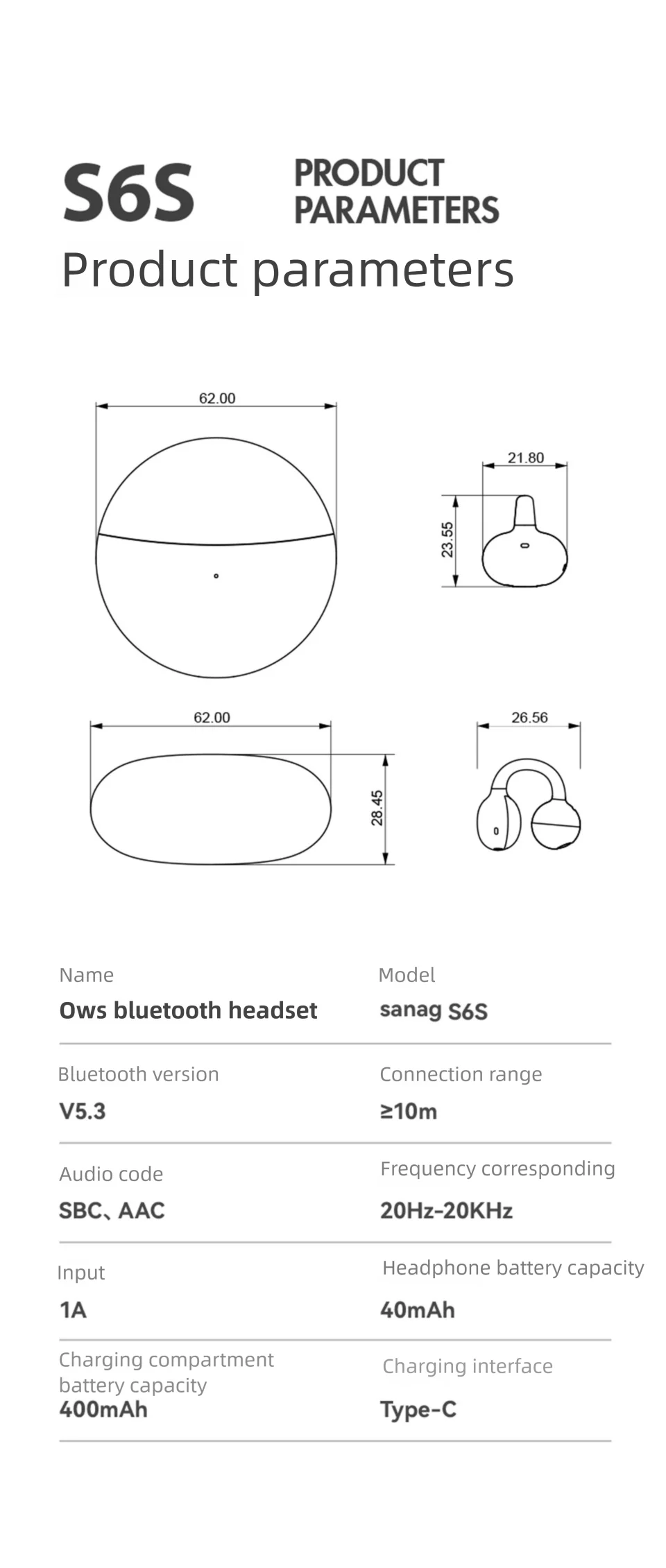Sanag S6S AI Earphone Open Ear Earphone FreeClip 3D Stereo Sound Bluetooth 5.3 OWS Sport Headphones IPX4 Waterproof