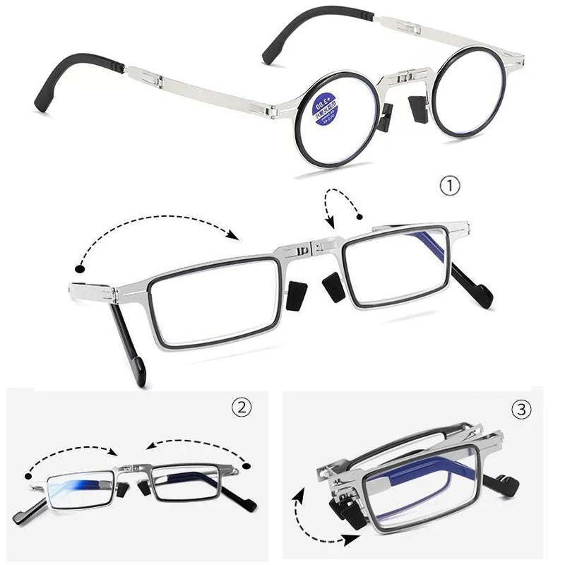 Unisex Folding Reading Glasses Transparent Lenses Full Metal Frame Anti Blue Light Comes with Case for Men and Women