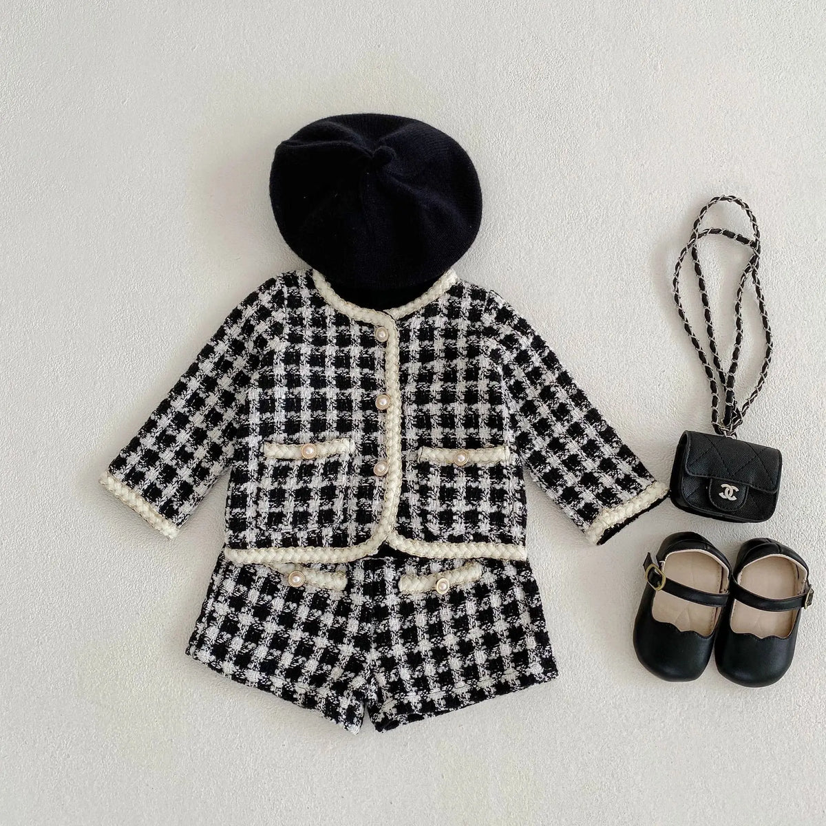 Girl Clothing Set 2026 Spring Baby Tweed Plaid Girl's Two Piece Suit Jacket+ Short Pants Sweet Girl's Suit