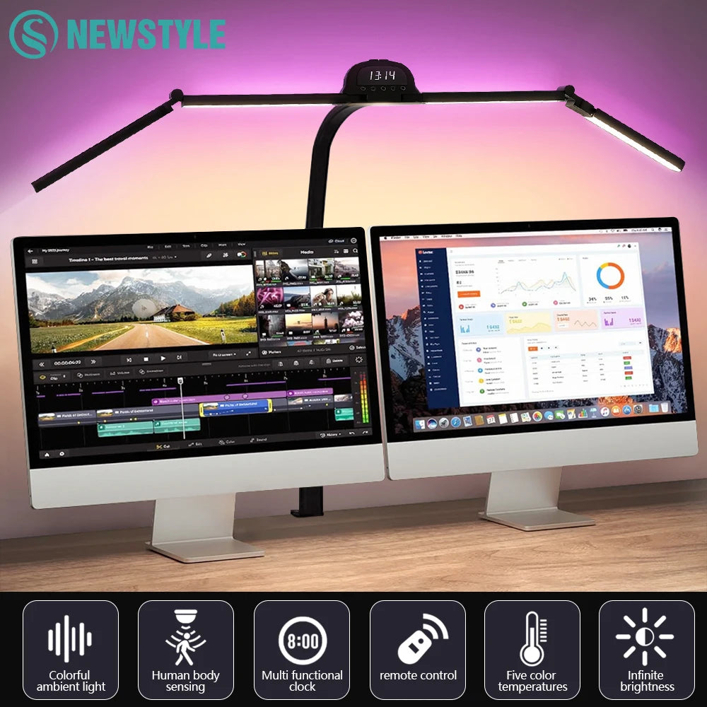 LED Full Spectrum Eye-Caring Architect Desk Lamp with Clamp Flexible Gooseneck 120cm Foldable 4-Head Stepless Dimming Lamp