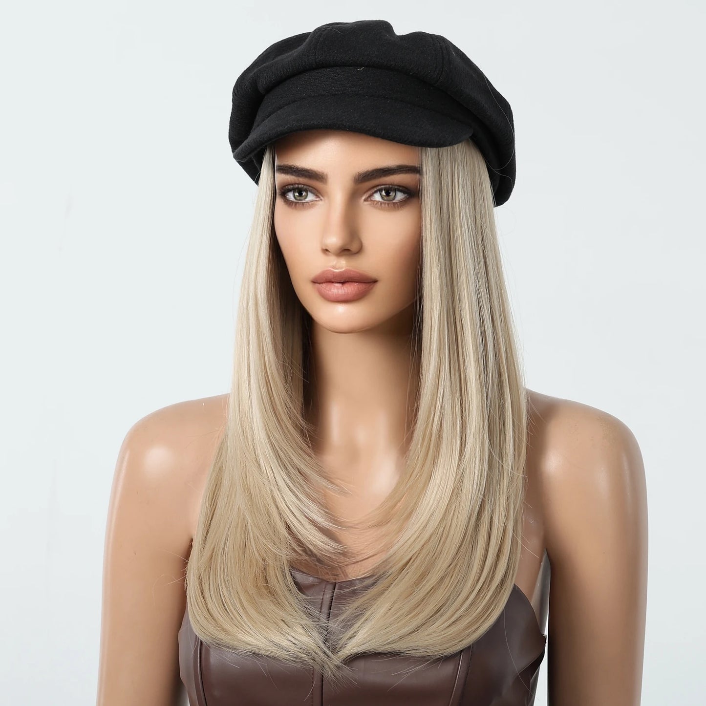 Hat Wig Blonde Hair Extension with Cap Synthetic Hair Layered Straight Wig for Women Daily Natural Heat Resistant Easy to Use