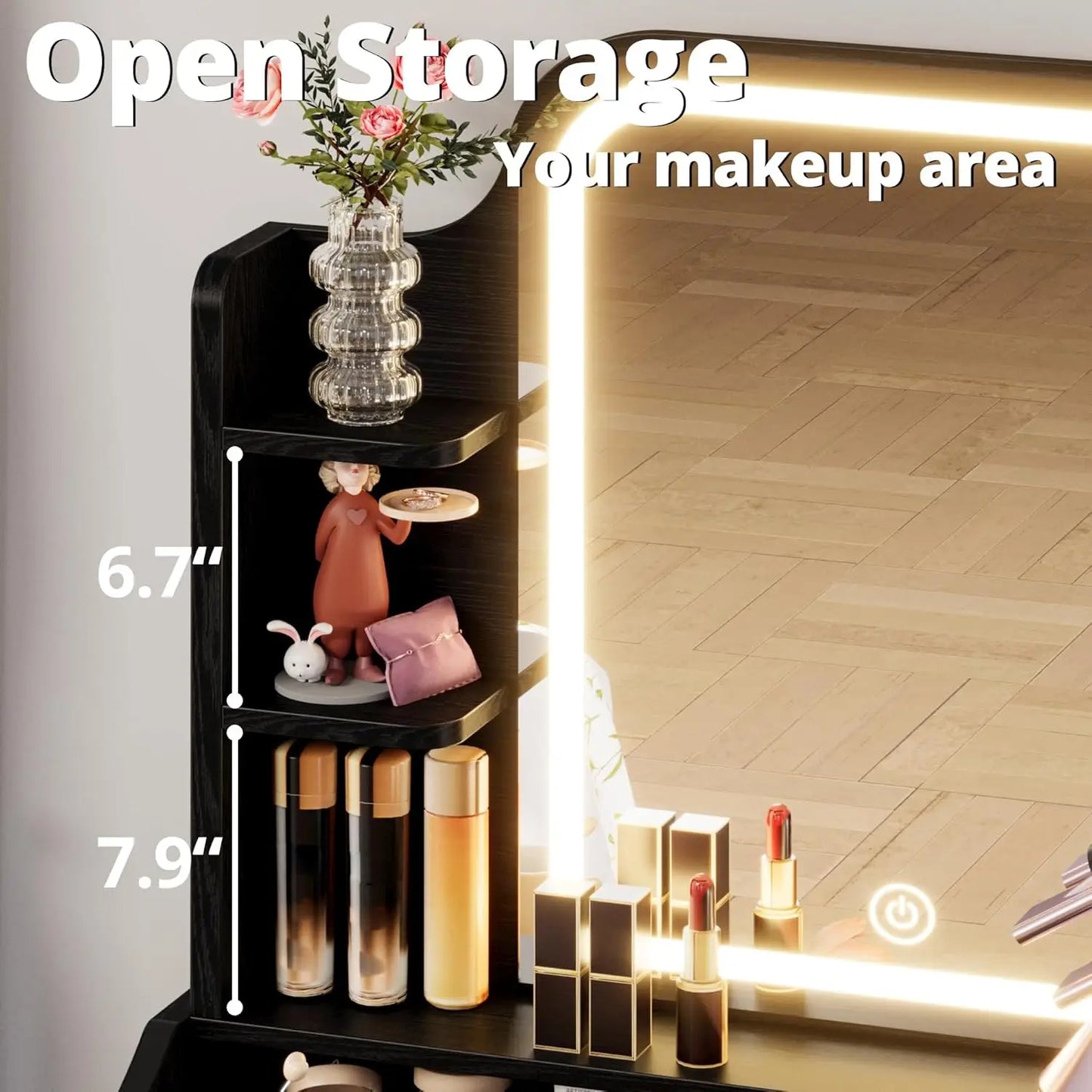 Small Makeup Vanity Desk with Mirror and Lights, Vanity Table Set with Storage Drawer, Chair and Three Shelves, Bedroom, Black