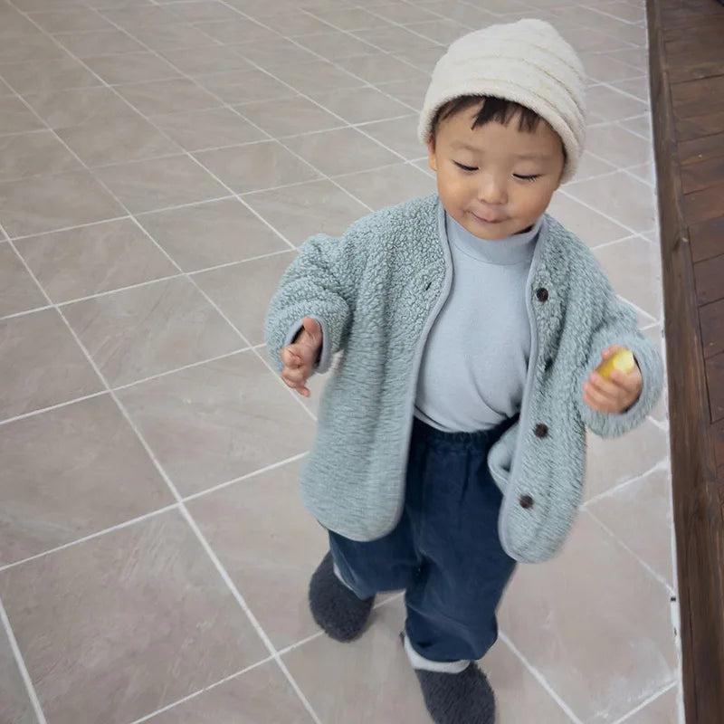 Spring Autumn Baby Kids Sherpa Fleece Jacket, Solid Color Loose Fit Warm Outerwear for Boys Girls Toddler 73-100
