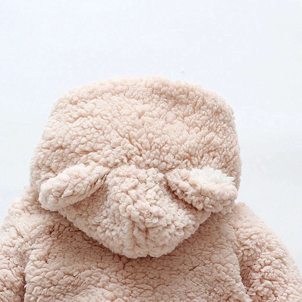 Baby Winter Thick Romper Solid Cotton Warm Long Sleeve Boy Girl Jumpsuit Clothes 0-24M Newborn Bear Fleece Hooded Pyjamas