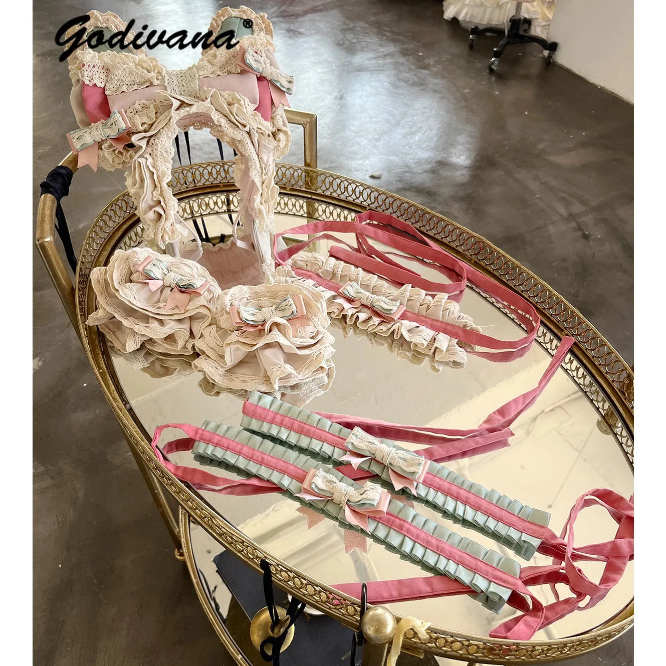 Sweet Cute Girls Lolita Clothing Accessories Set Princess Ribbon Lace Bow Headband Choker Necklace Bracelet and Leg Ring