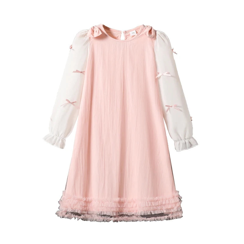 2025 Kids Clothing Autumn New Dress Pink O-Neck Long Sleeve A-Line Dress For Girls 8-12 Years Pretty Princess dress Party Set