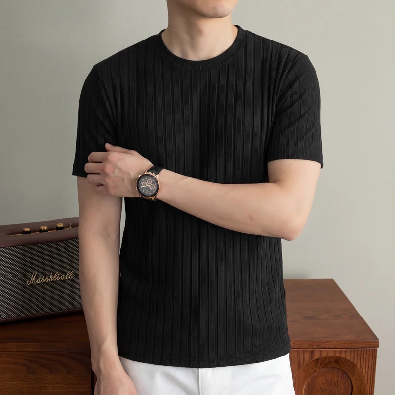 Men's Minimalist Crew Neck Ribbed T Shirt Comfortable Elastic Fabric Short Sleeve For Office And Casual Wear
