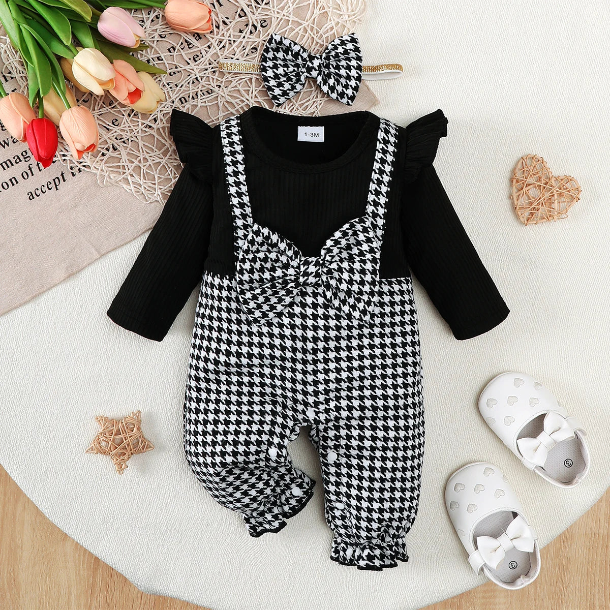 Winter 0-1 Years Old  Infant Baby Girls  Ribbed Fabric Splice  Houndstooth  Long Sleeved Jumpsuit  With  Hairband