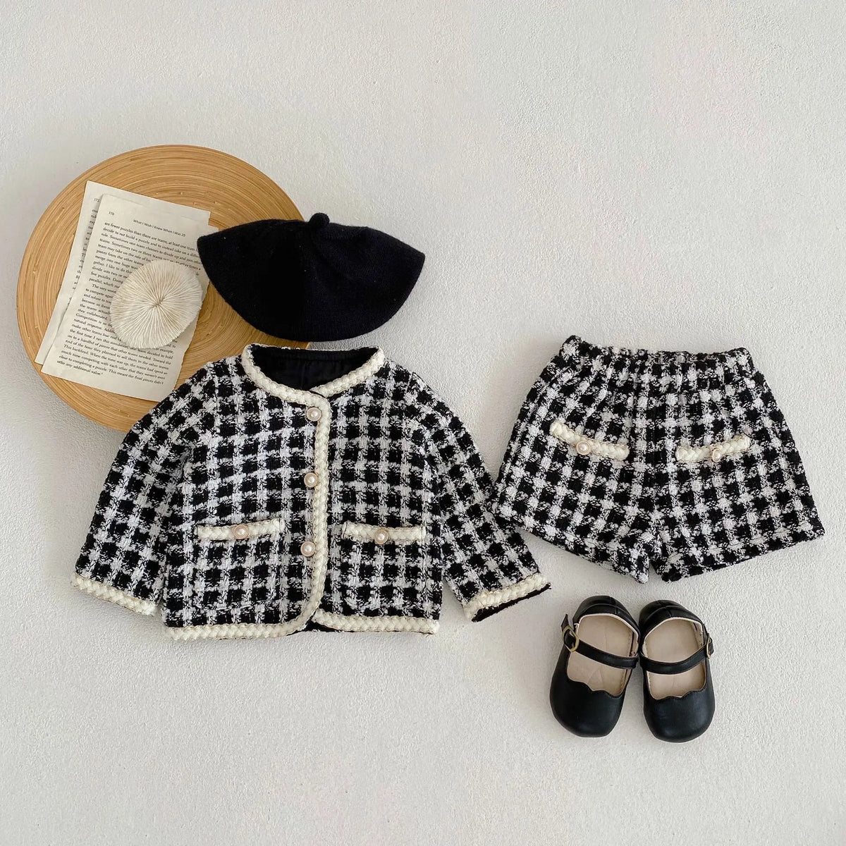 Girl Clothing Set 2026 Spring Baby Tweed Plaid Girl's Two Piece Suit Jacket+ Short Pants Sweet Girl's Suit