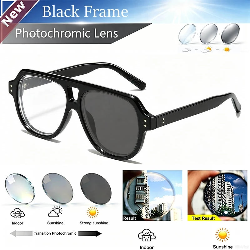 Pilot Dual Bridge Photochromic Reading Glasses Men Women Trendy Designer Prescription Optical Eyewear Customized Sunshade Lenses