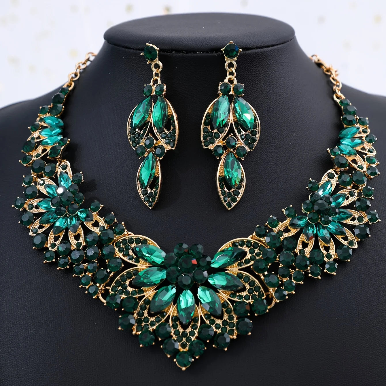 Advanced design retro necklace earring set leaf Multicolored flowers luxurious crystal jewelry bride's wedding dress accessories