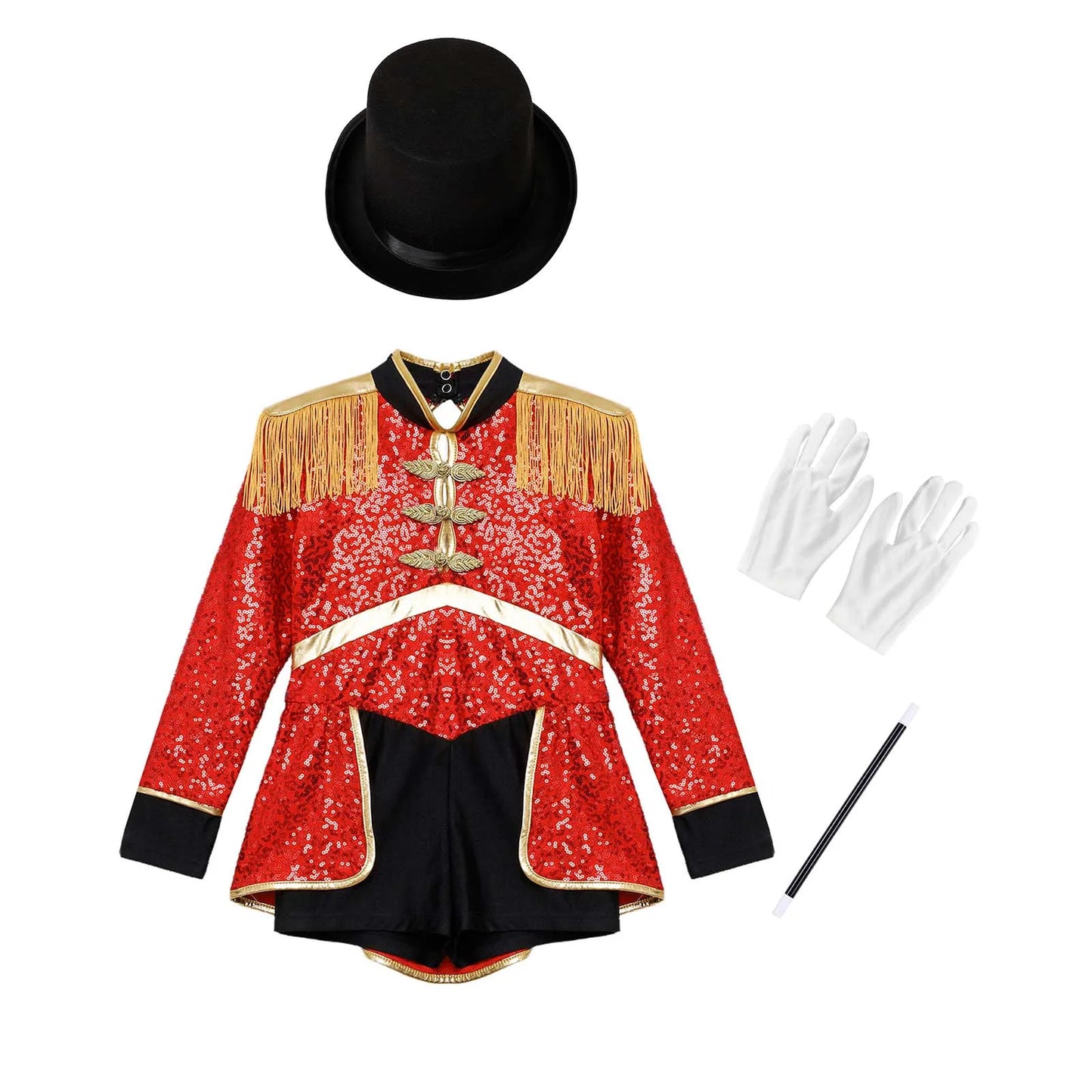 Kids Girls Circus Ringmaster Magician Drum Band Costume Sequins Bodysuit with Hat Gloves Wand Halloween Carnival Fancy Dress Up
