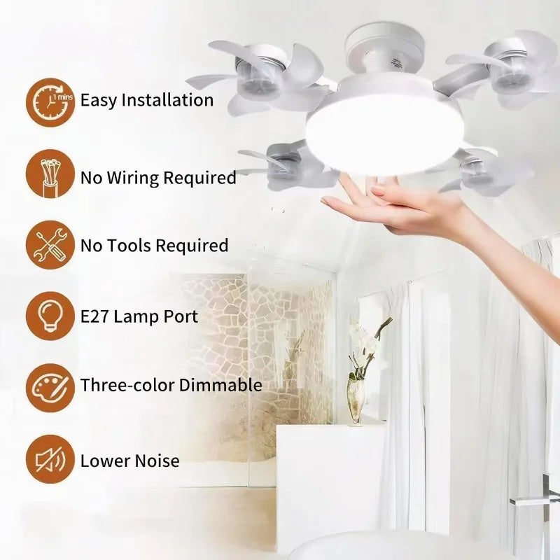 E27 Socket Ceiling Fan 2-in-1 Silent LED Fan with Remote Control 3-Color 3-Speeds Adjustable Ceiling Fanlight for Home Bedroom