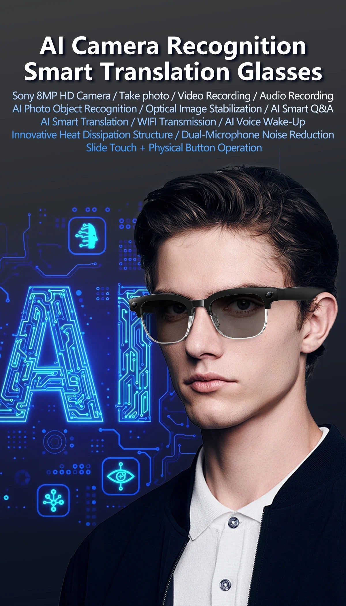 2025 New Intelligent AI Glasses 800W Pixel Camera HD 4K Video Recording AI Translation Music Control Intelligent Wearable Device