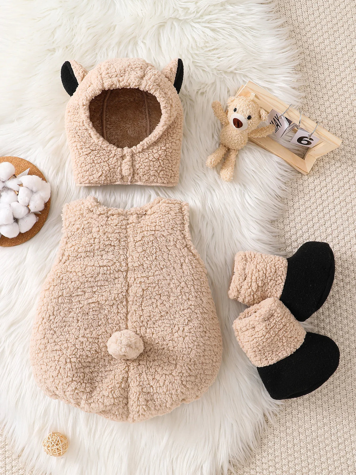 Newborn Baby Sherpa Romper Sleeveless Hooded Sheep Horn Bodysuit Cute Animal Onesie Toddler Warm Jumpsuit Winter Playsuit.