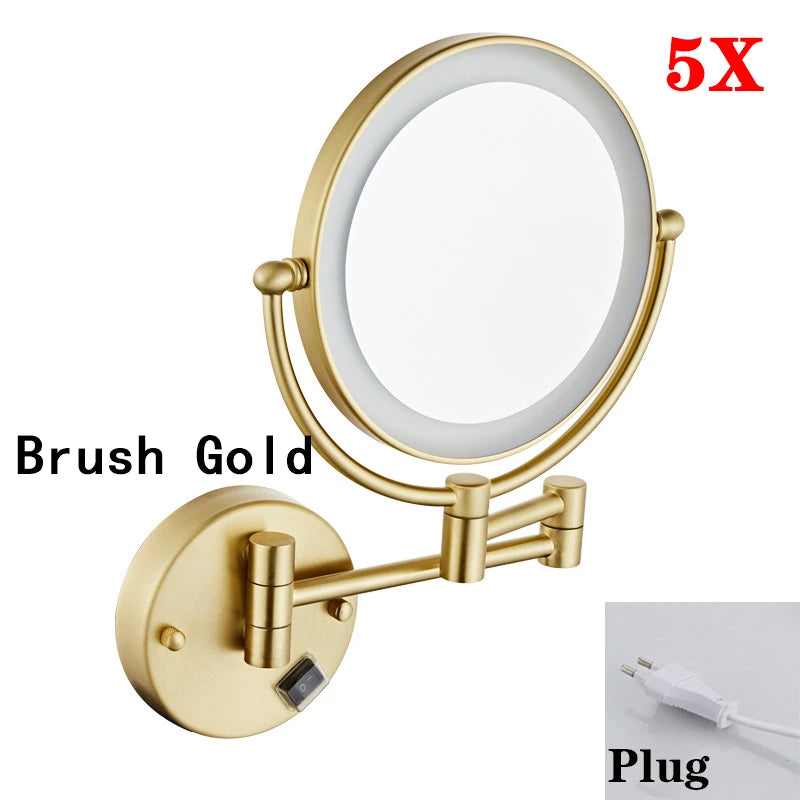 Brushed Gold LED Makeup Mirror with Brass Folding Bathroom Mirrors of 8 Inch 3X 5X Maynifying Makeup Mirror Dual Face LED Mirror