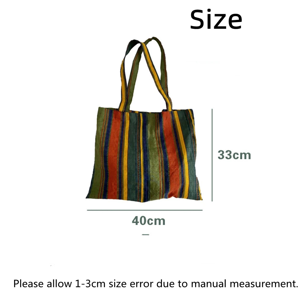 Retro Women's Canvas Shoulder Bag Rainbow Striped Linen Shopping Bag Eco Large Capacity Handbag Tote for Girls Christmas Gifts