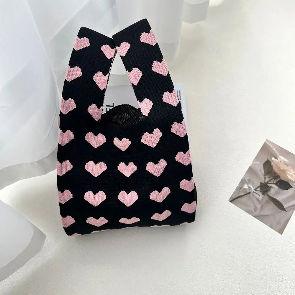 Large Capacity Knit Handbag Women Girls Knot Wrist Bag Reusable Mini Heart Tote Bag Handmade Portable Shopping Bags
