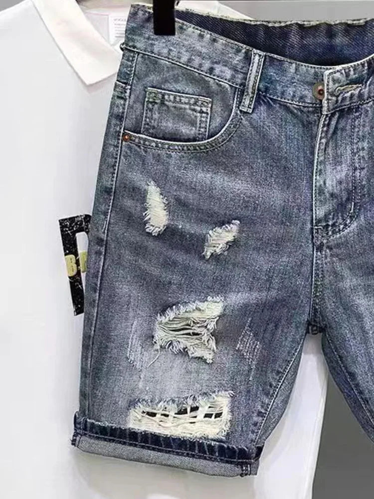 New Korean Style Clothes Luxury Washed Distressed Boyfriend Men's Casual Summer Denim Jeans Distressed Holes Prints Shorts Male