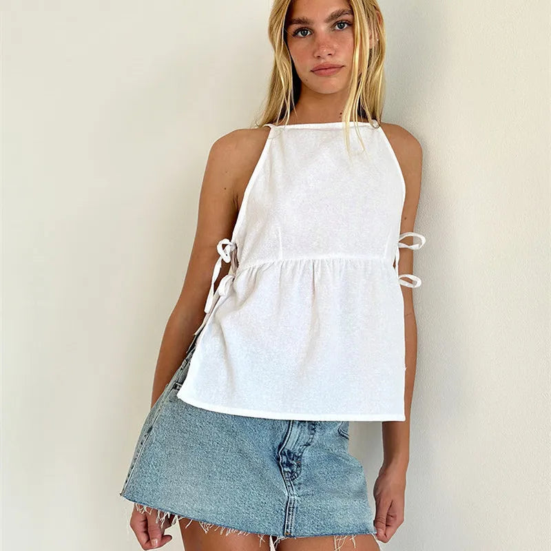 Cute Women Y2k Babydoll Tank Top Cute Tie Up Side Sleeveless Peplum Top Vintage Plaid Solid Cami Tank Top Coquette Streetwear