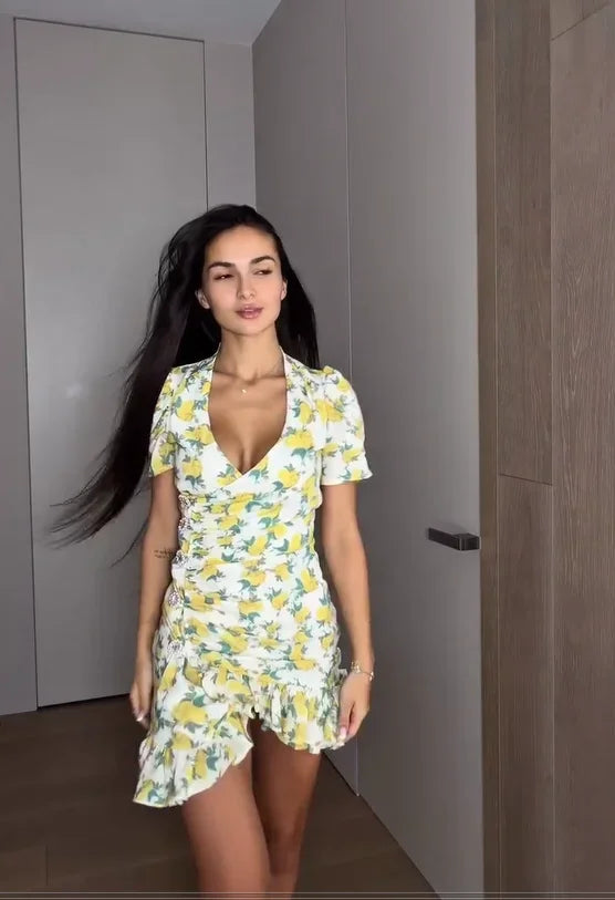 Elegant Print Low-cut Ruffle Short Dress Women V-neck Short-sleeved Waist Cinching Pleated Mini Dresses 2026 Lady Party Vestidos