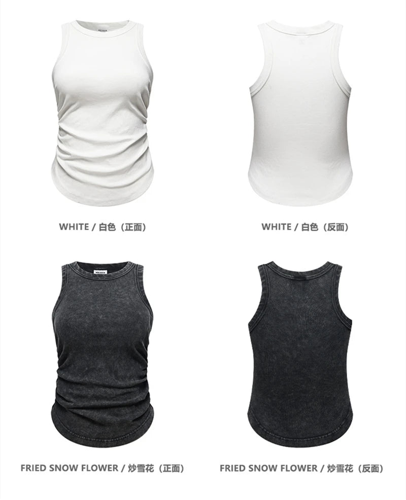 ZODF Women 2025 Hotsweet Girls Washed Cotton Tank Tops Female 315gsm Slim Pleated Arc Hem Camisole TEE Brand Tops HY0574