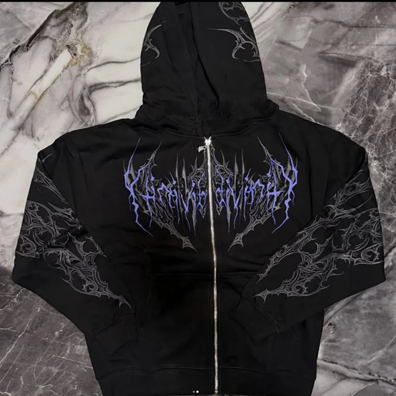 Men Gothic Skull Thorn Graphic Full Zip Up Hoodie Fleece Lined Long Sleeve Winter Punk Goth Streetwear Oversized Sweatshirt