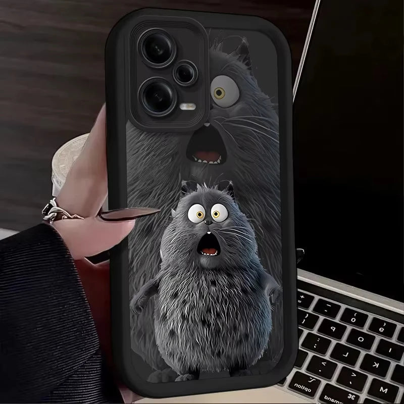 Funny Black Plush Cat Cute Phone Case For Redmi Note 13 12 Pro Plus 5G 13 12 Pro 4G 5G 11 10 Pro 12S 5G 11S 10S Redmi 13C 12 5G