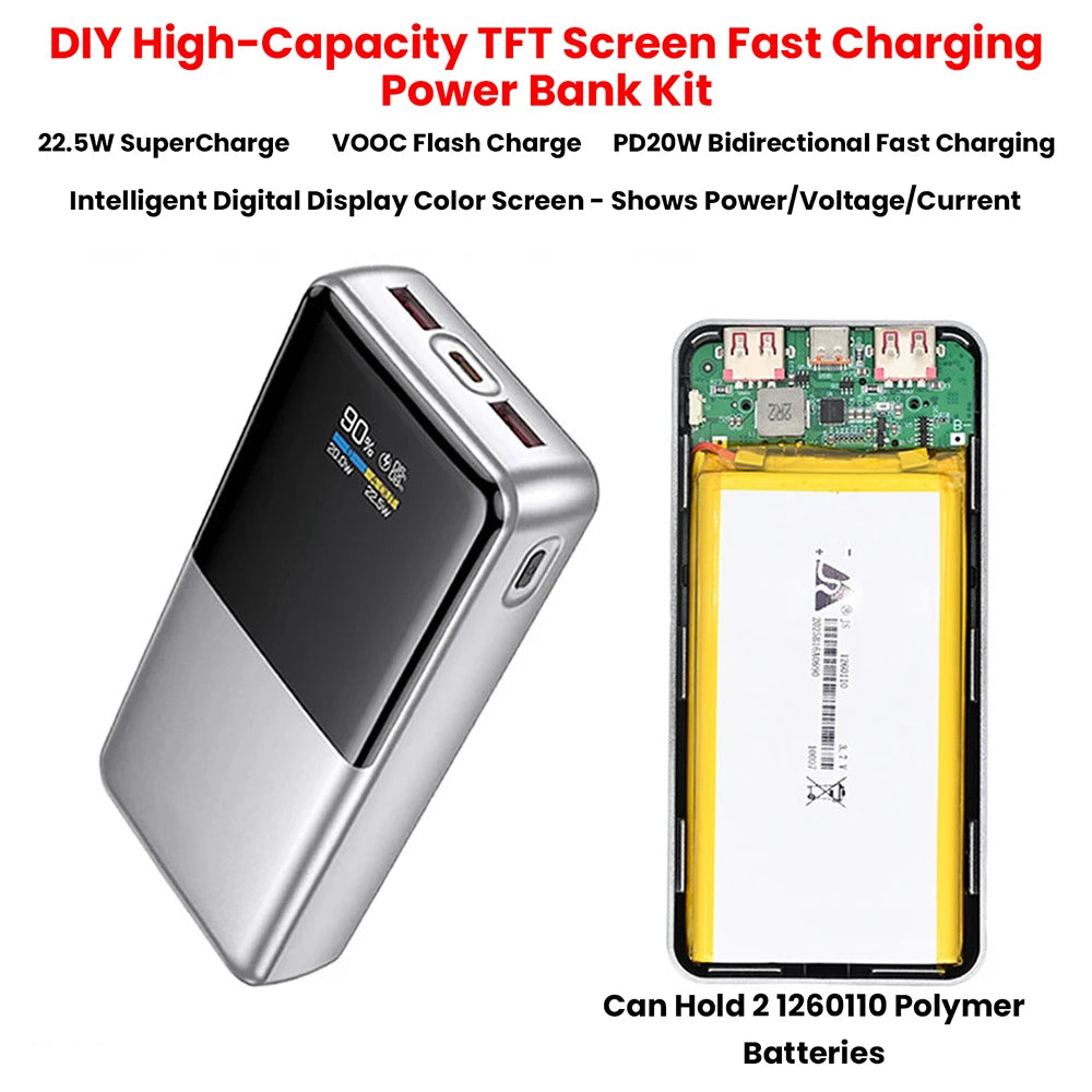 22.5W Fast Charging Module Power Bank DIY Kit TFT Color Screen LCD Display 3.7V Ternary Lithium Battery Supports PD/QC/SCP/VOOC