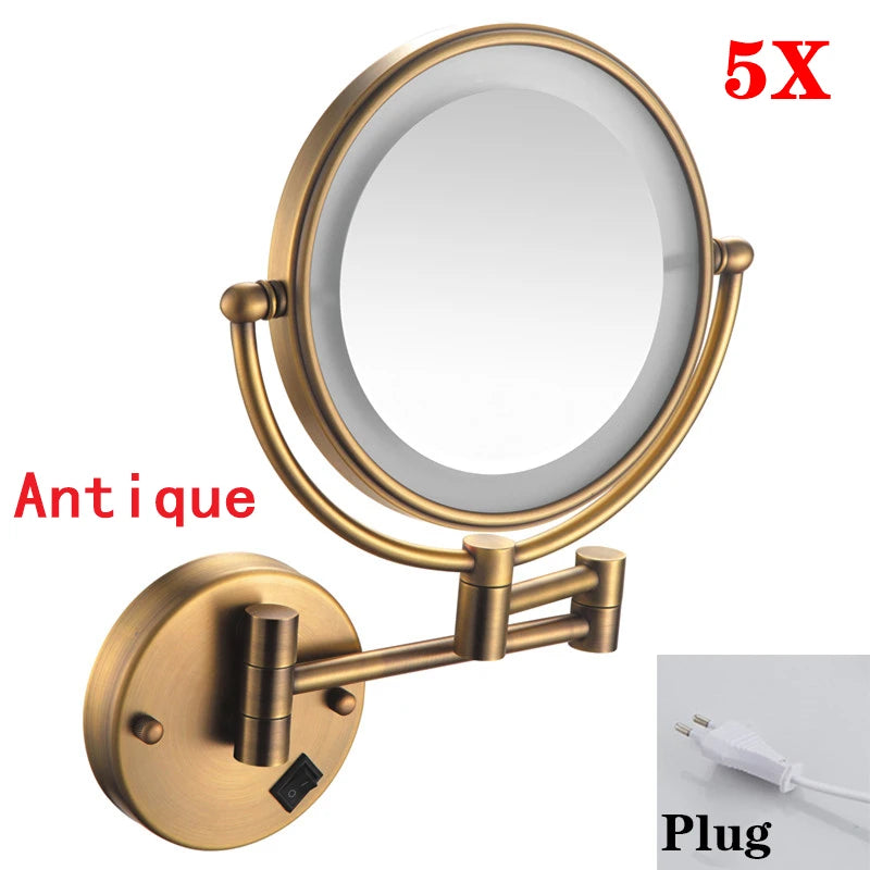 Brushed Gold LED Makeup Mirror with Brass Folding Bathroom Mirrors of 8 Inch 3X 5X Maynifying Makeup Mirror Dual Face LED Mirror
