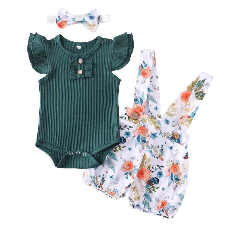 Summer Baby Girl Clothes Set Fashion Newborn Infant Knitting Cotton Ruffles Romper Shorts Bow Headband 3Pcs For Toddler Outfits